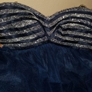 Navy tulle sequined strapless formal dress